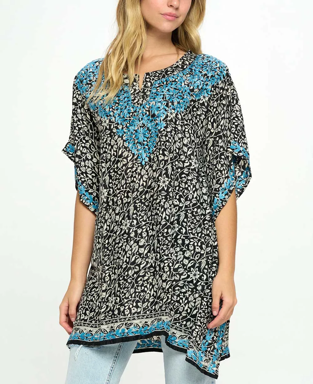 Black and White Poncho Wrap Top With Hand Embroidery