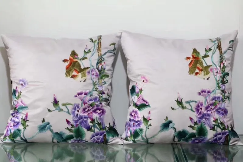 Chinese 100% hand embroidered Su Embroidery silk pillow covers flower phenix butterfly 1piece