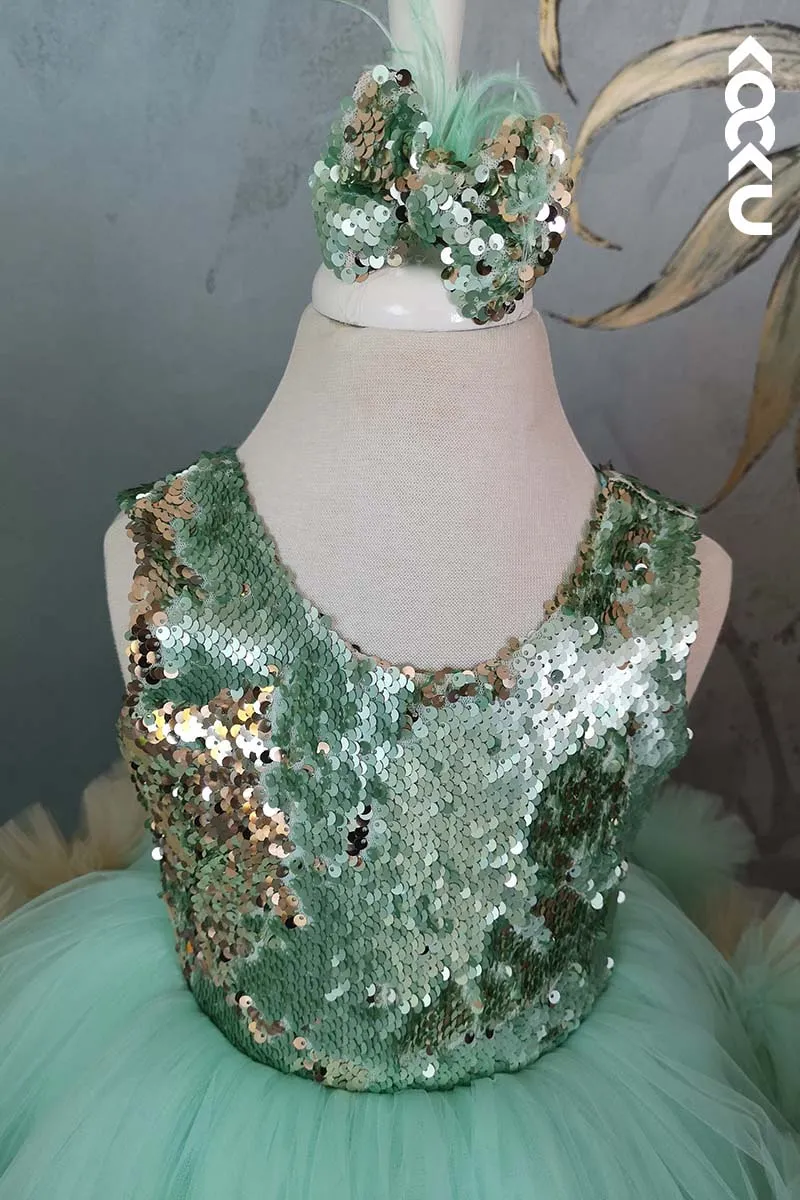 G3011 - Round Neck Sequined Tulle Baby Girl Gown With Detachable Trail
