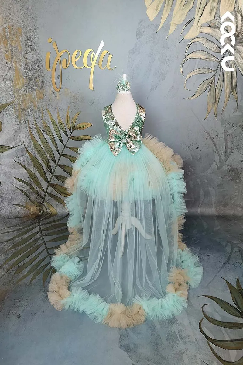 G3011 - Round Neck Sequined Tulle Baby Girl Gown With Detachable Trail