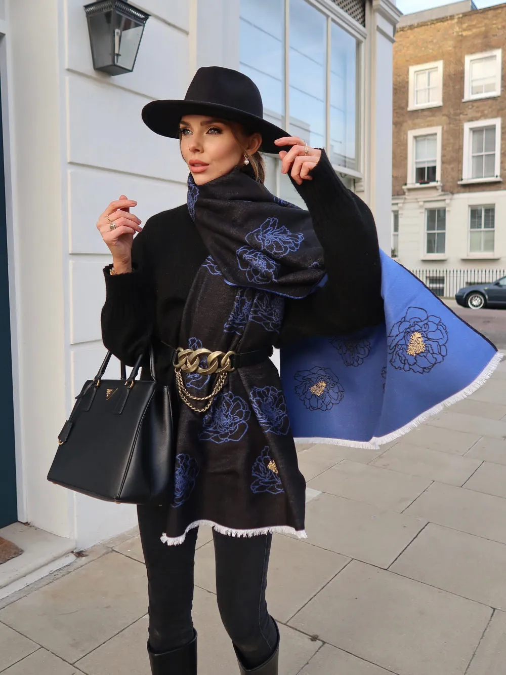 Golden Anther Blue Embroidered Scarf
