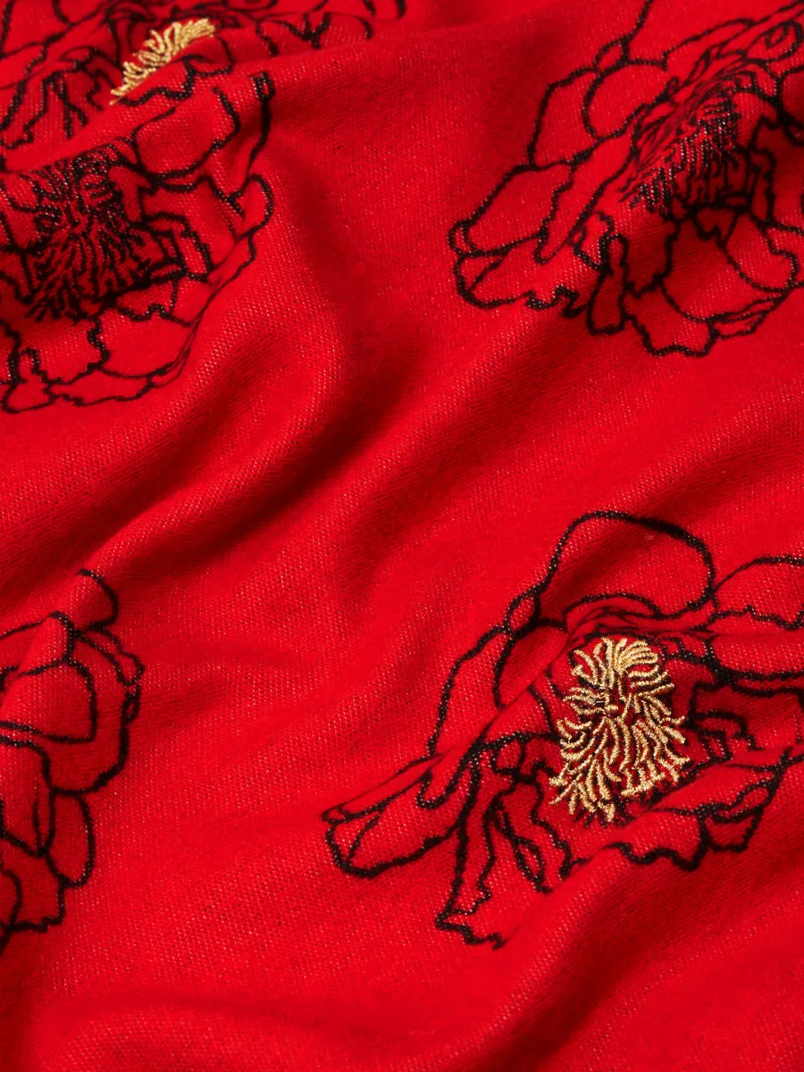 Golden Anther Red Embroidered Scarf