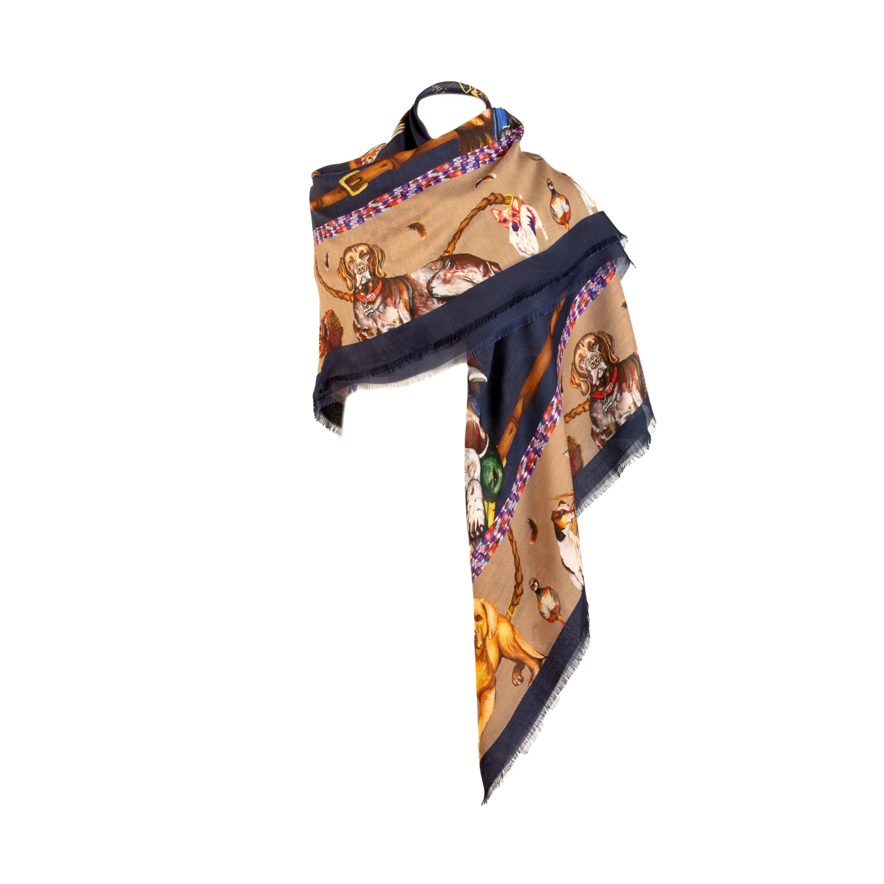 It’s A Dogs Life Navy Blue & Fawn Beige Wool Silk Shawl