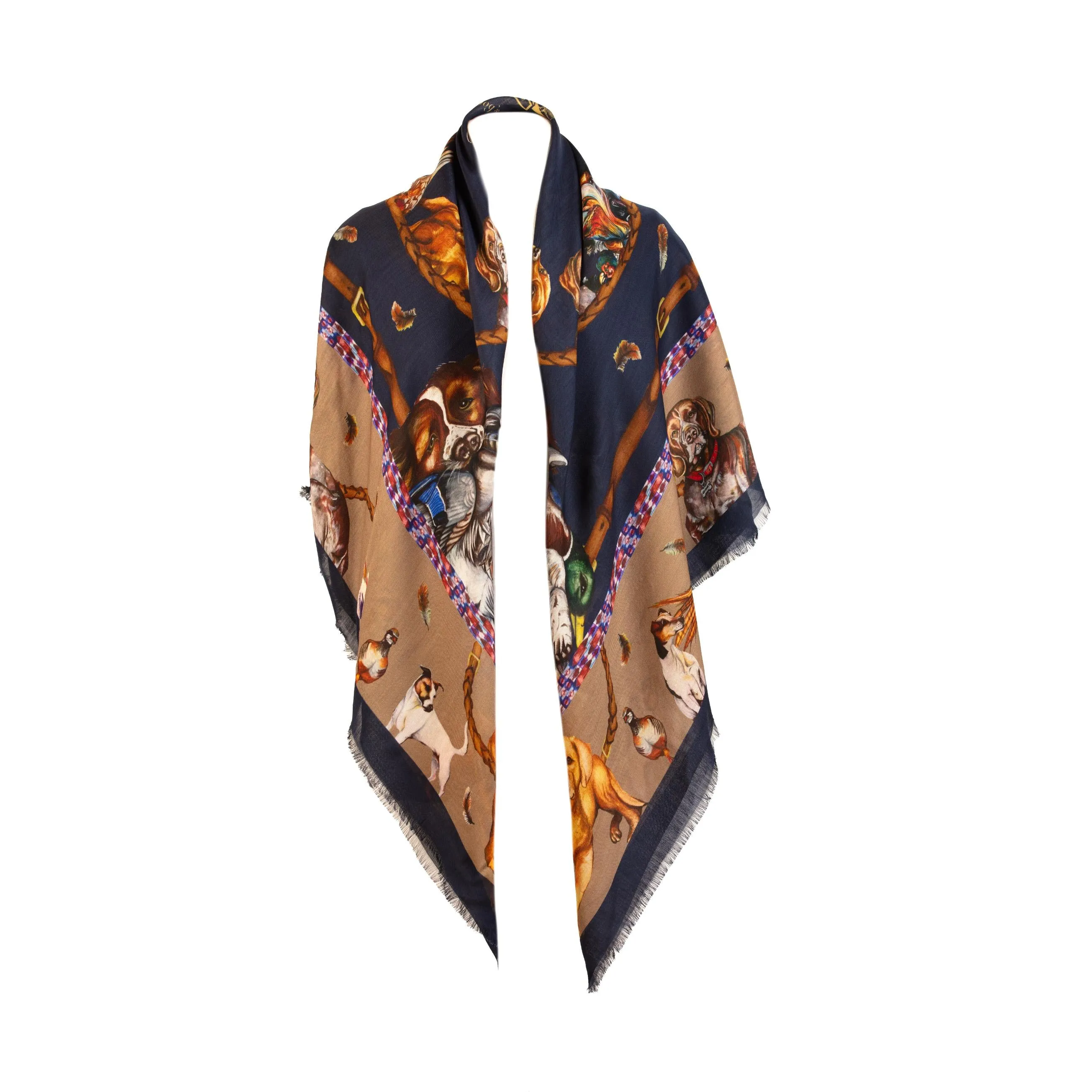 It’s A Dogs Life Navy Blue & Fawn Beige Wool Silk Shawl