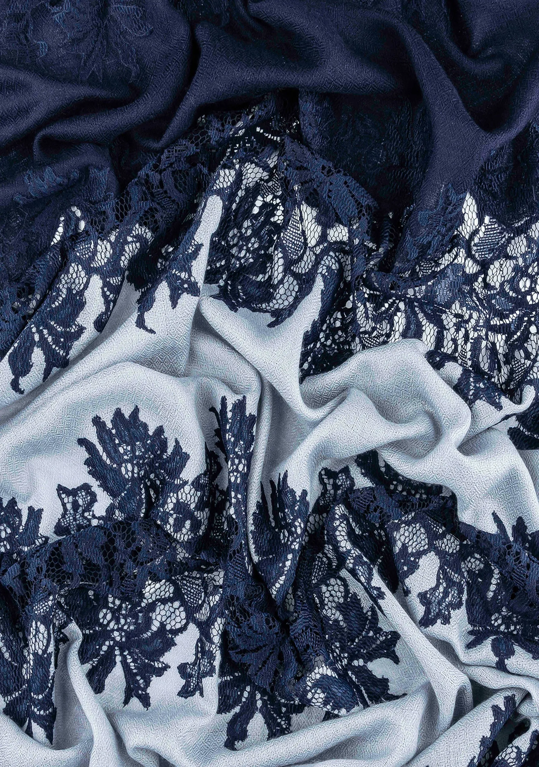 Lt. Grey and Navy Blue Silk and Wool Scarf with Navy Blue Hibiscus Lace Panels