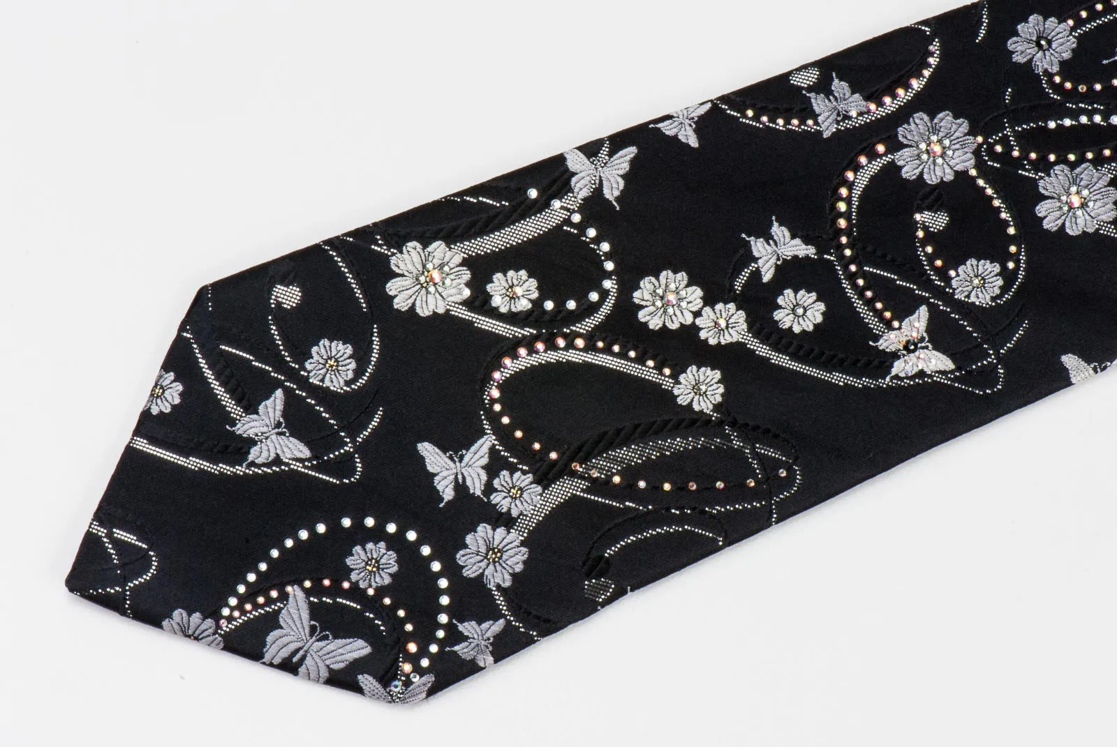 Perry Ellis Necktie Silver Floral & Butterflies On Black Silk With Rhinestones