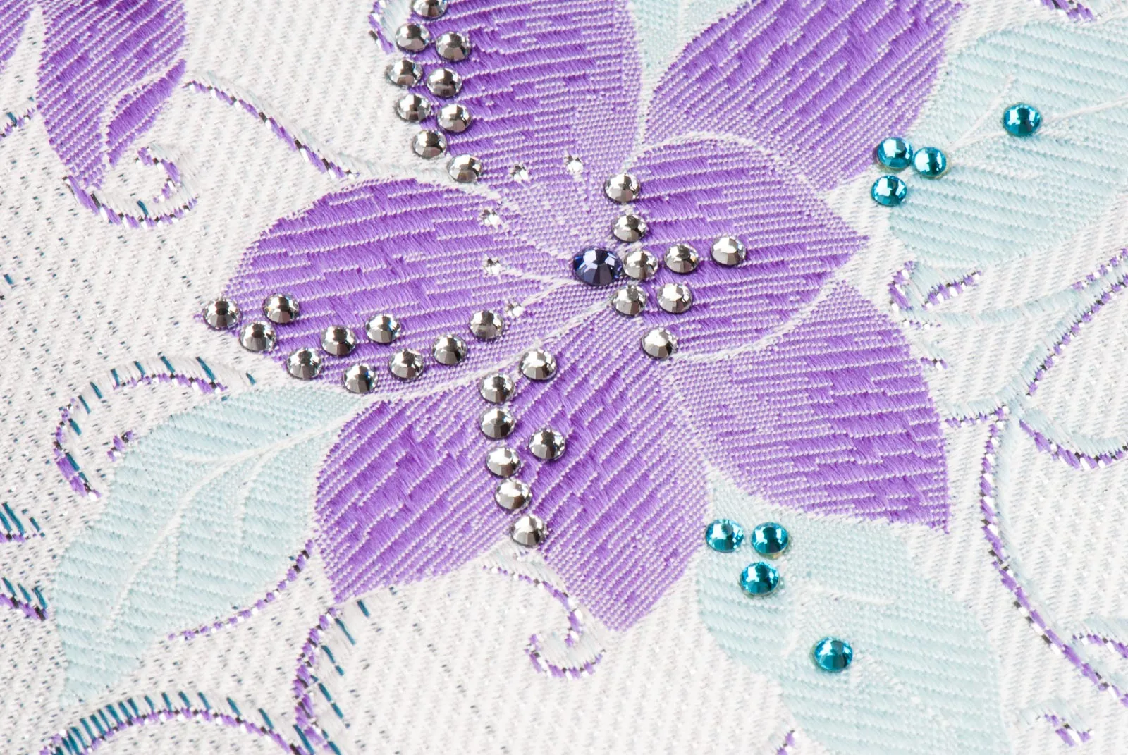Premierlux Woven Silk Neck Tie Purple Turquise Floral On White With Rhinestones