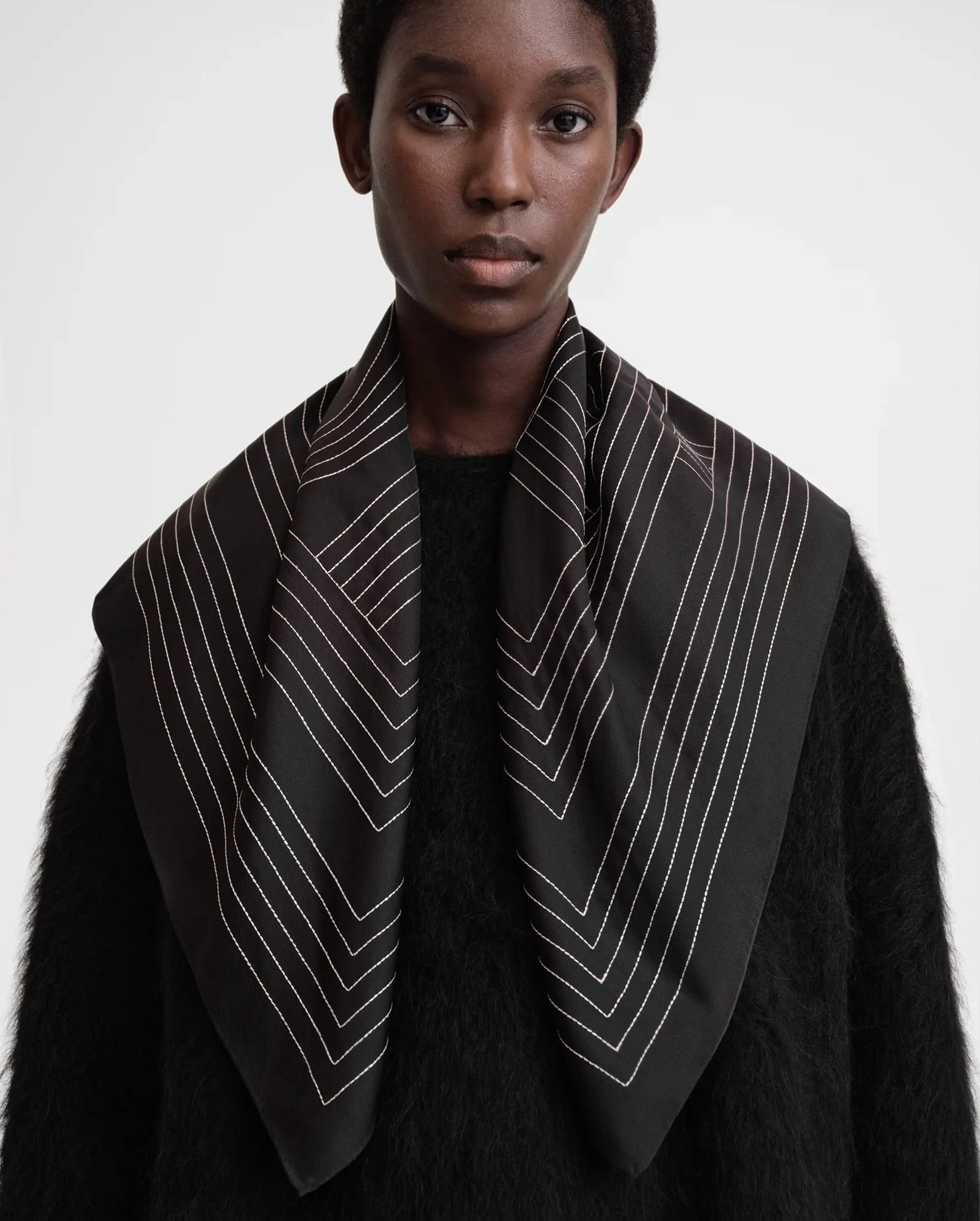 STRIPED EMBROIDERED MONOGRAM SILK SCARF / BLACK