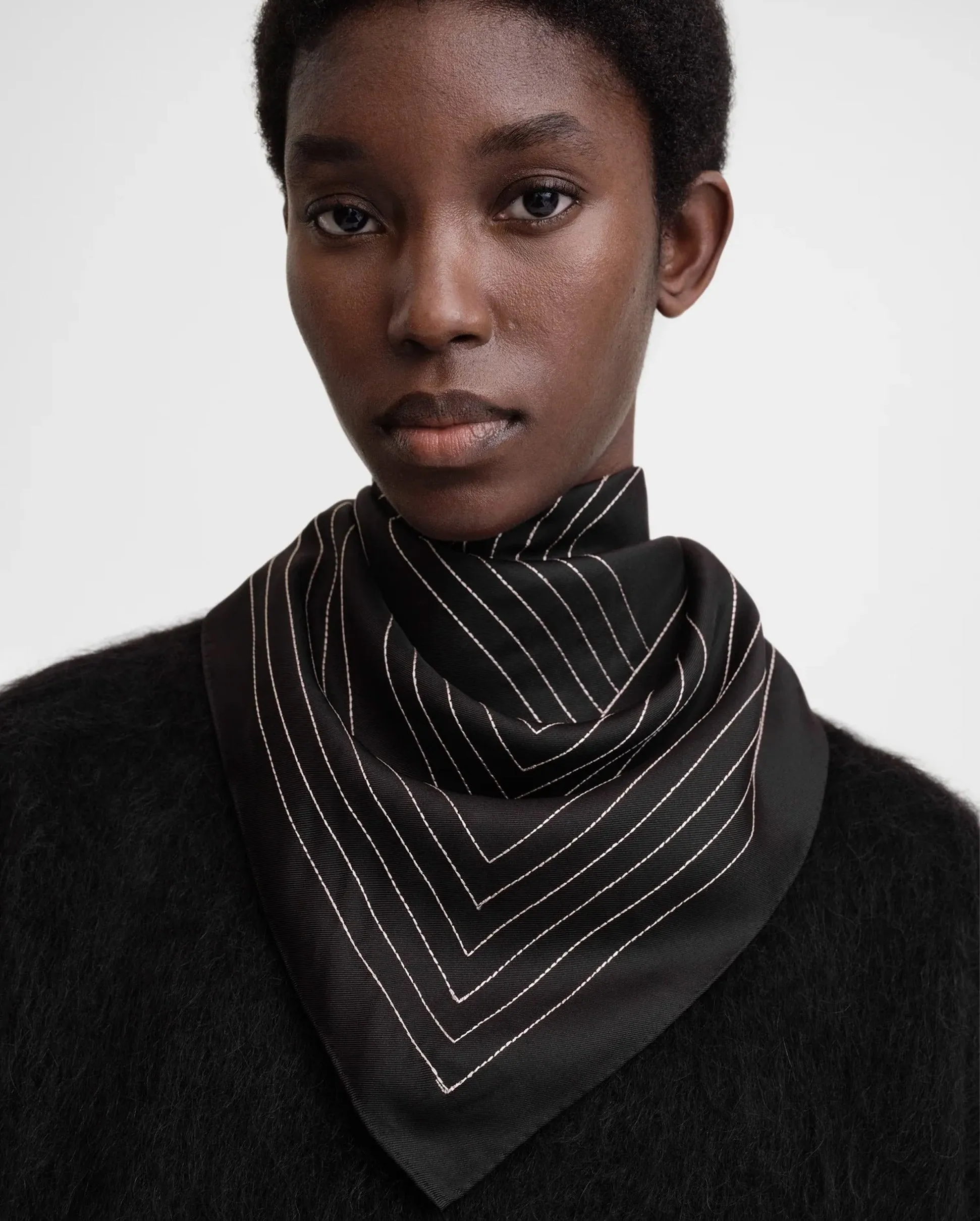 STRIPED EMBROIDERED MONOGRAM SILK SCARF / BLACK