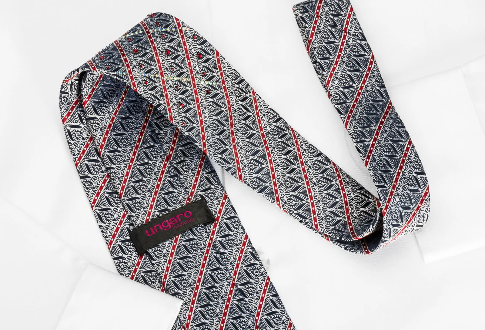 Ungaro Rhinestone Tie Silver Filigree Red Striped On Black With Sparkles