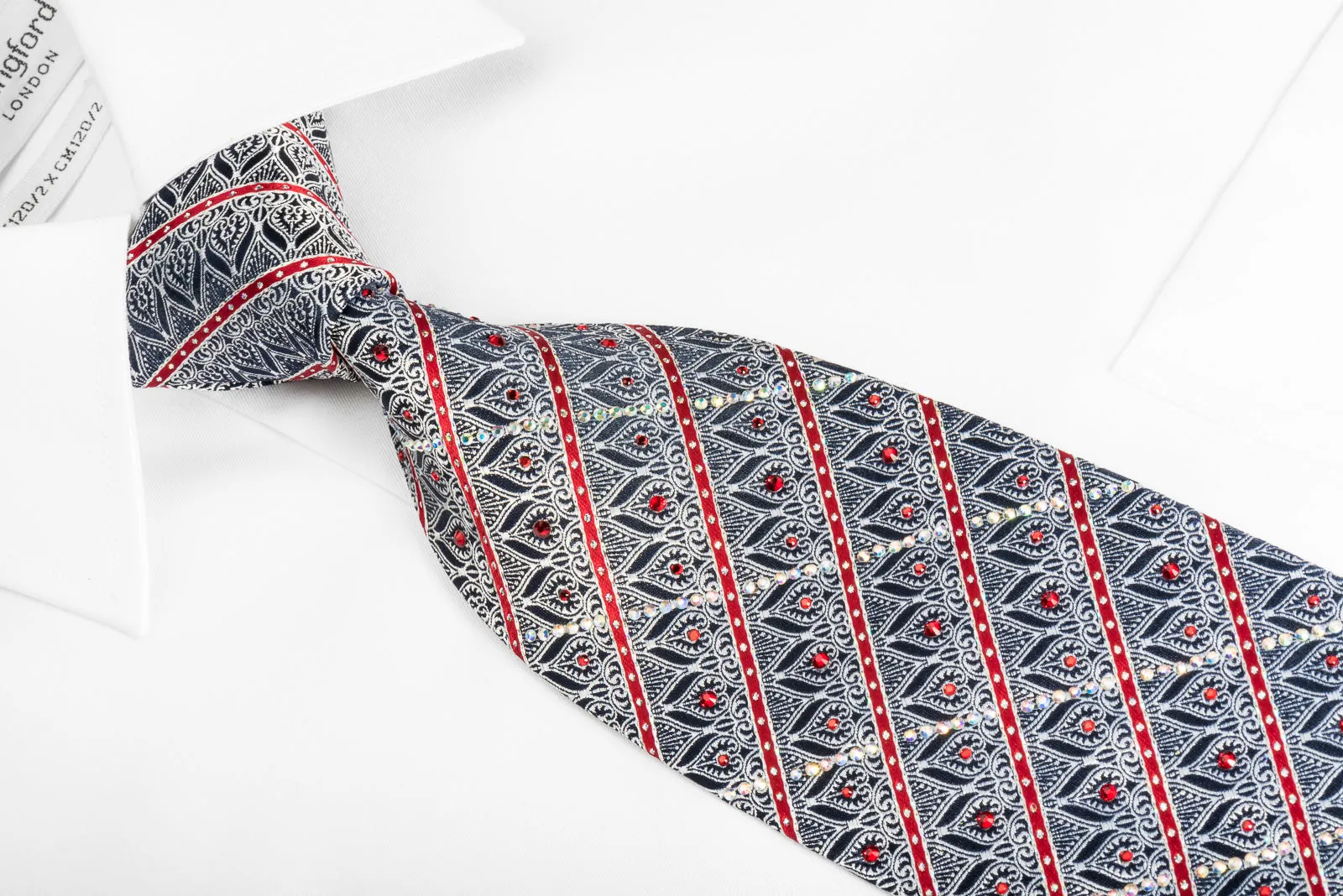 Ungaro Rhinestone Tie Silver Filigree Red Striped On Black With Sparkles