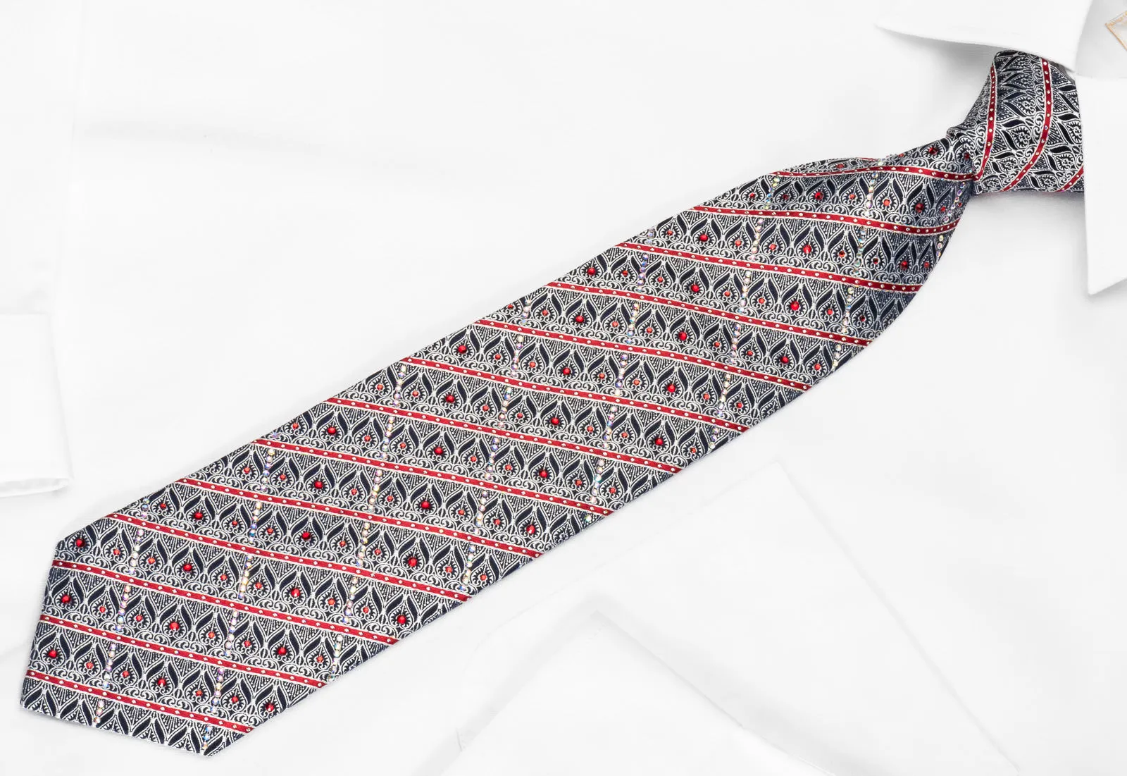 Ungaro Rhinestone Tie Silver Filigree Red Striped On Black With Sparkles