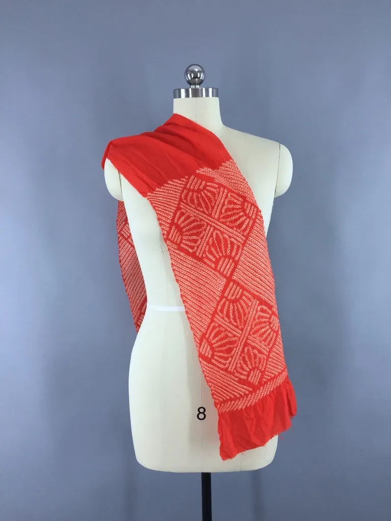 Vintage 1960s Dark Red Orange Shibori Silk Kimono Obiage Chiffon Scarf